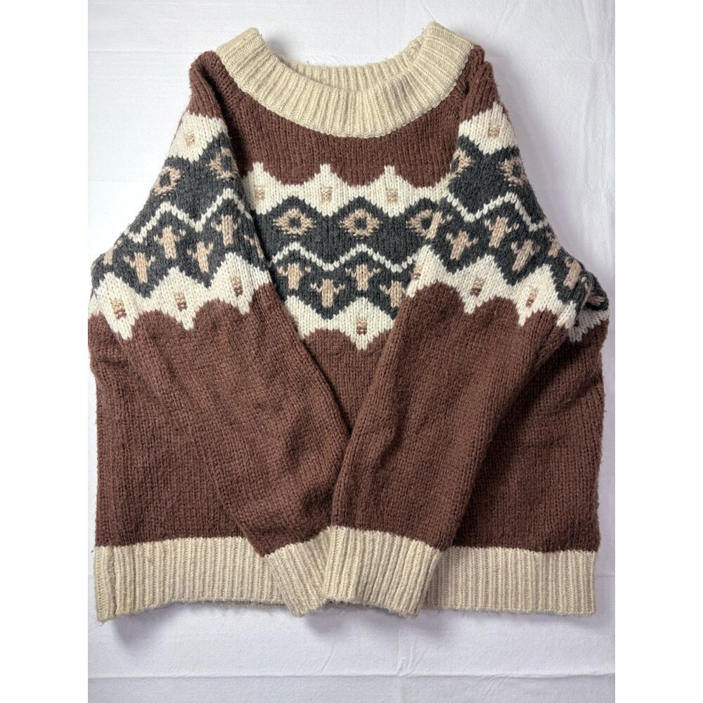 Aerie Fair Isle Wool Blend Chunky Knit Oversized Sweater Brown Cream Large